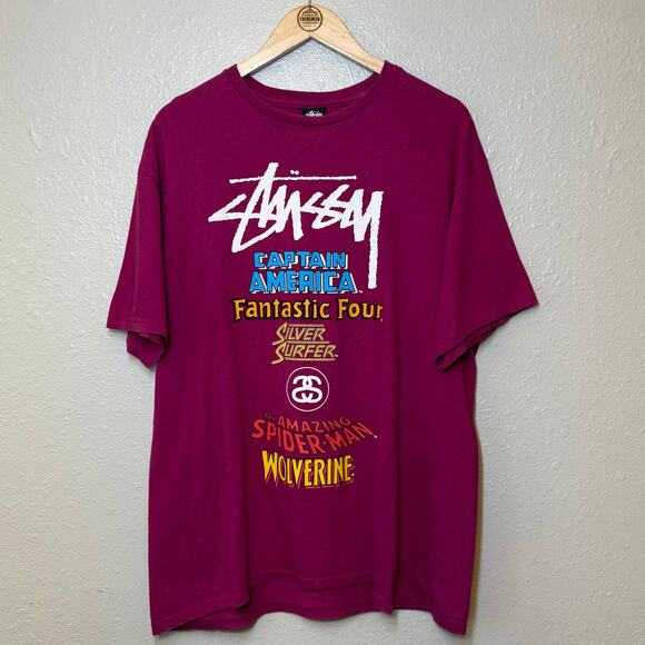 VTG Stussy x Marvel Graphic Shirt Super Heroes vs Villains Magenta Unisex XLarge - Picture 3 of 8